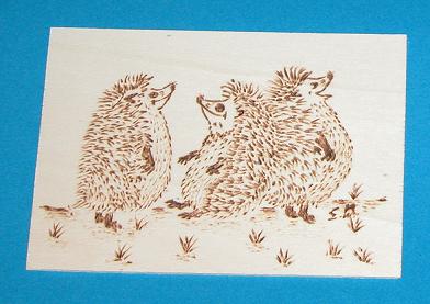 Holz-Postkarte mit 3 kratzenden Igeli